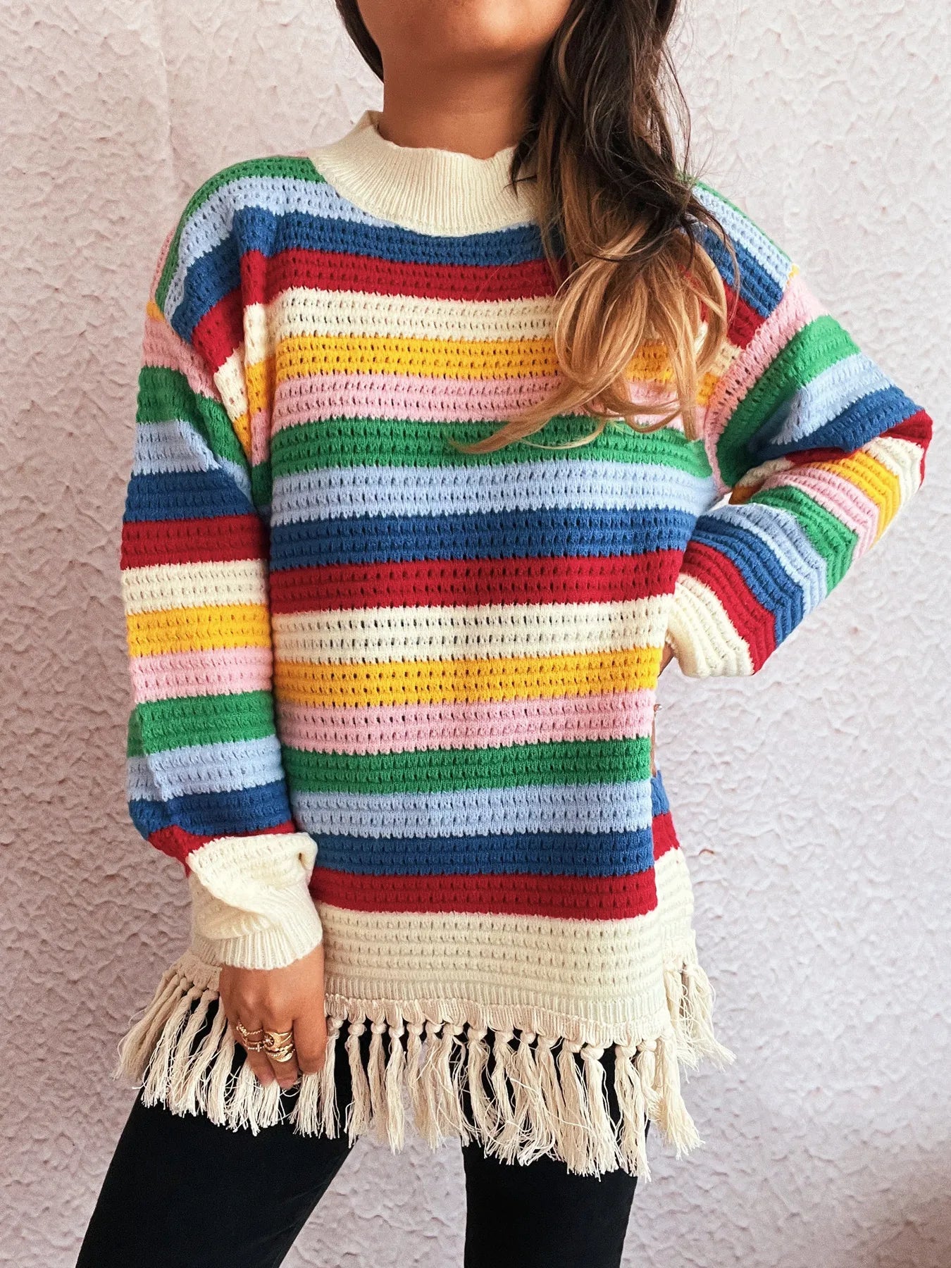 Tassel Rainbow Striped Long Sleeve Sweater