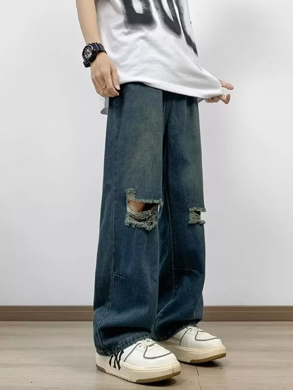 Men's Full Size Distressed Wide Leg Jeans Plus Size