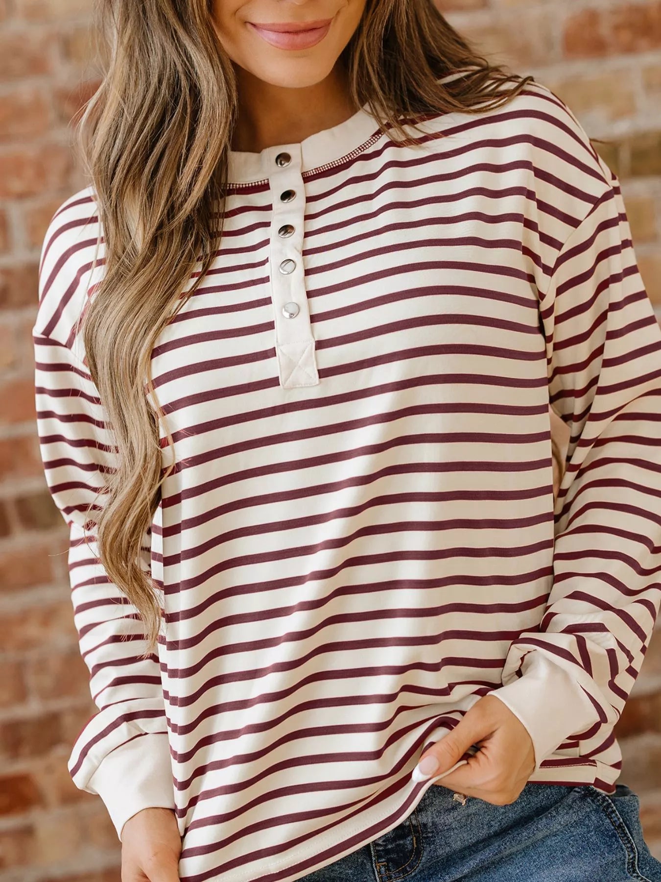 Striped Drop Shoulder Long Sleeve Henley Top