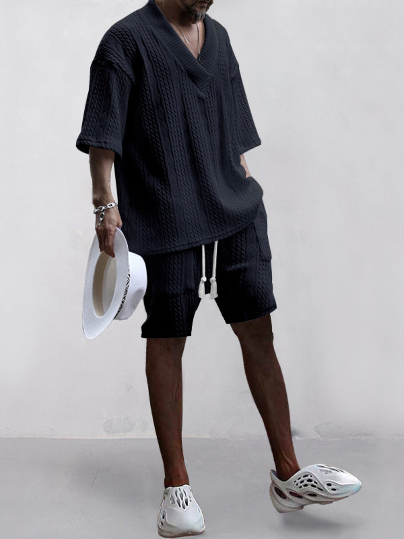 Men's Full Size Casual Knit V-Neck Short Sleeve Top and Shorts Set Plus Size