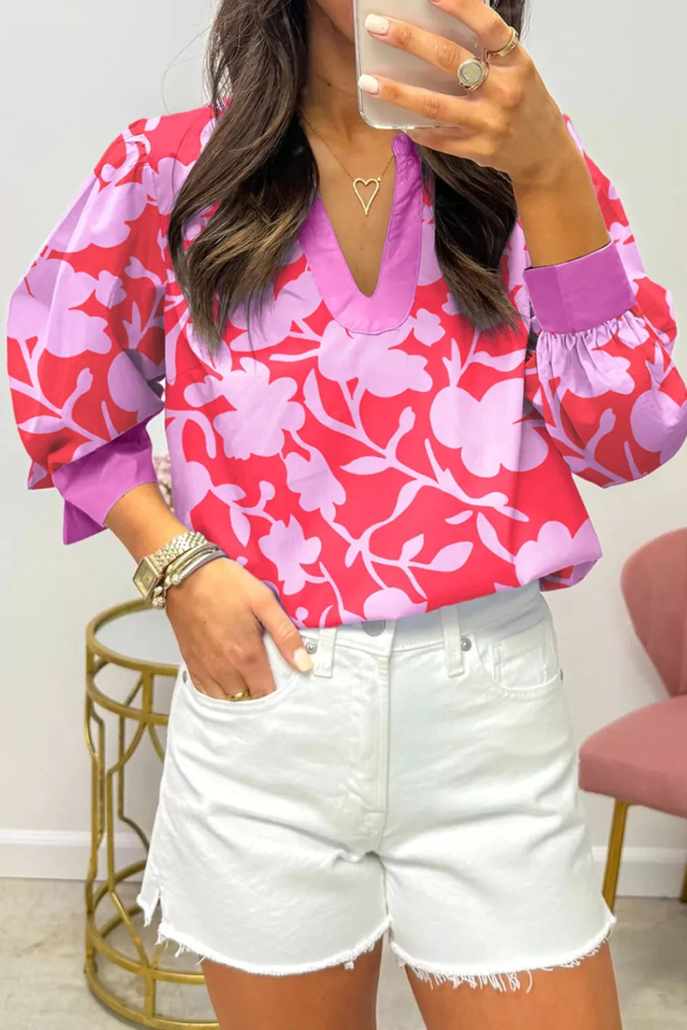 Printed Notched Long Sleeve Blouse