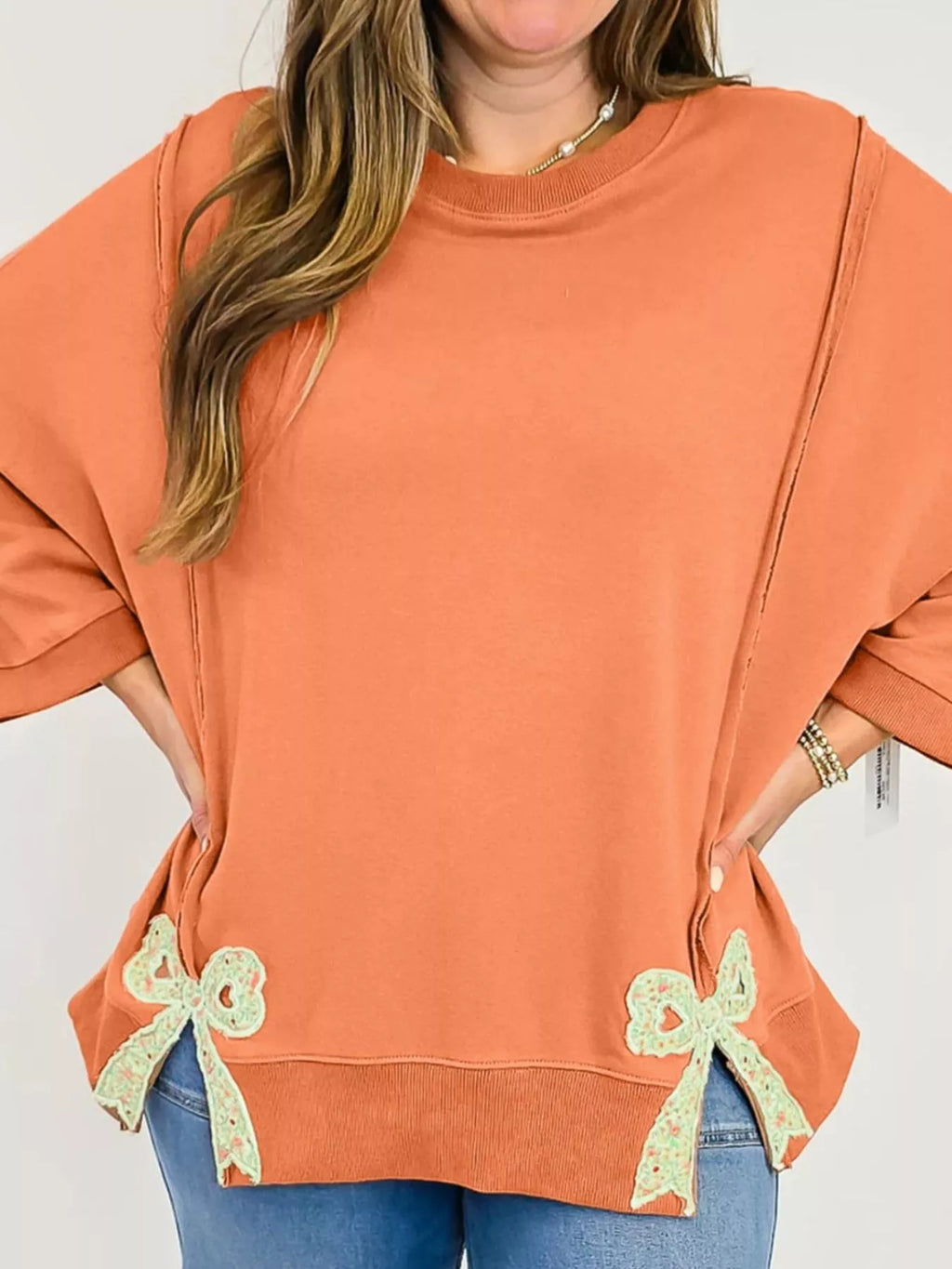 Bow Slit Round Neck Sweatshirt