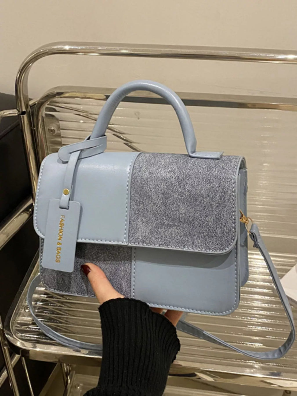 Color Block Flap Crossbody Bag with Top Handle