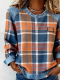 Full Size Plaid Denim Trim Long Sleeve Sweatshirt Plus Size