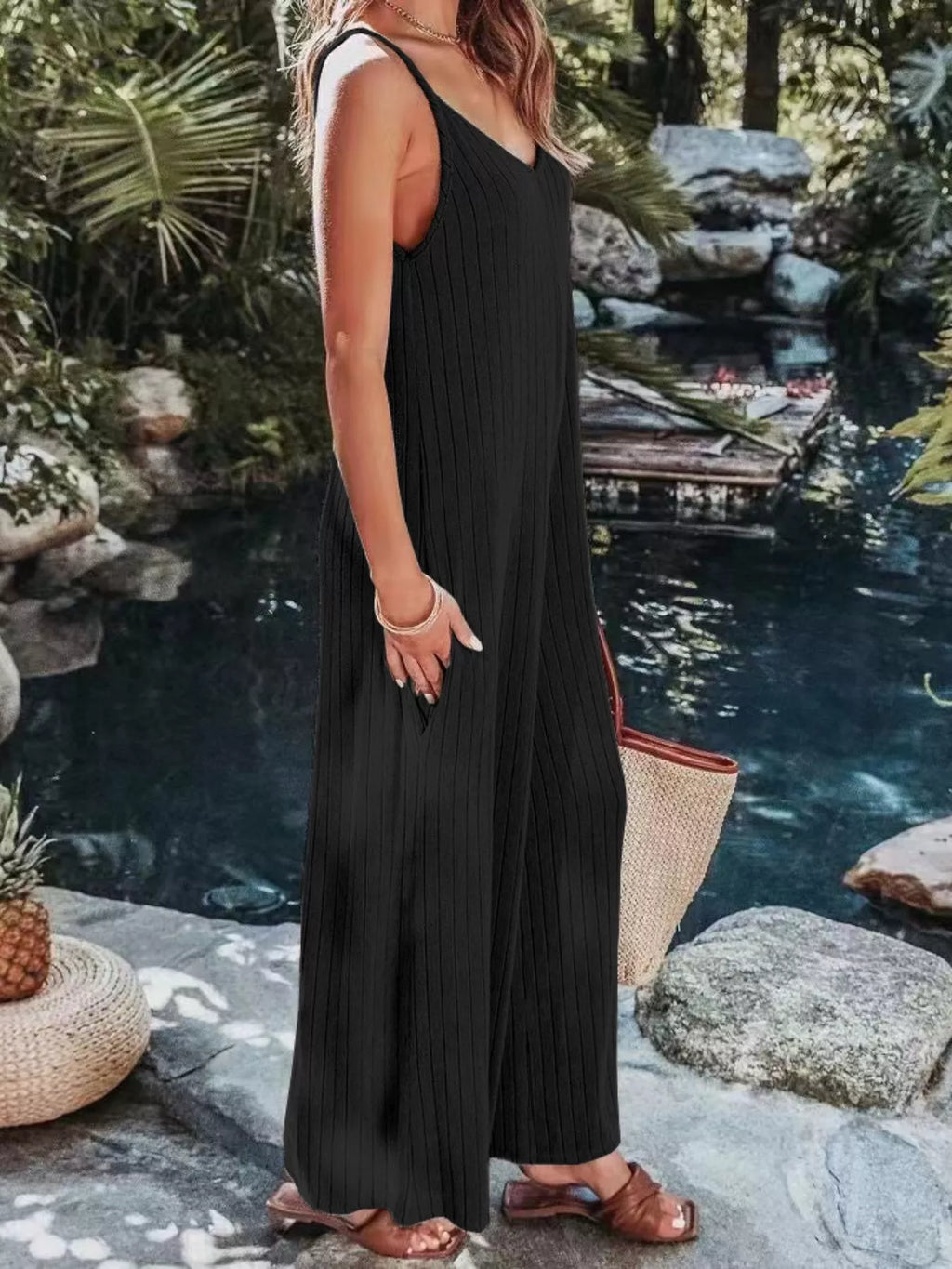 Ribbed V-Neck Wide Leg Jumpsuit