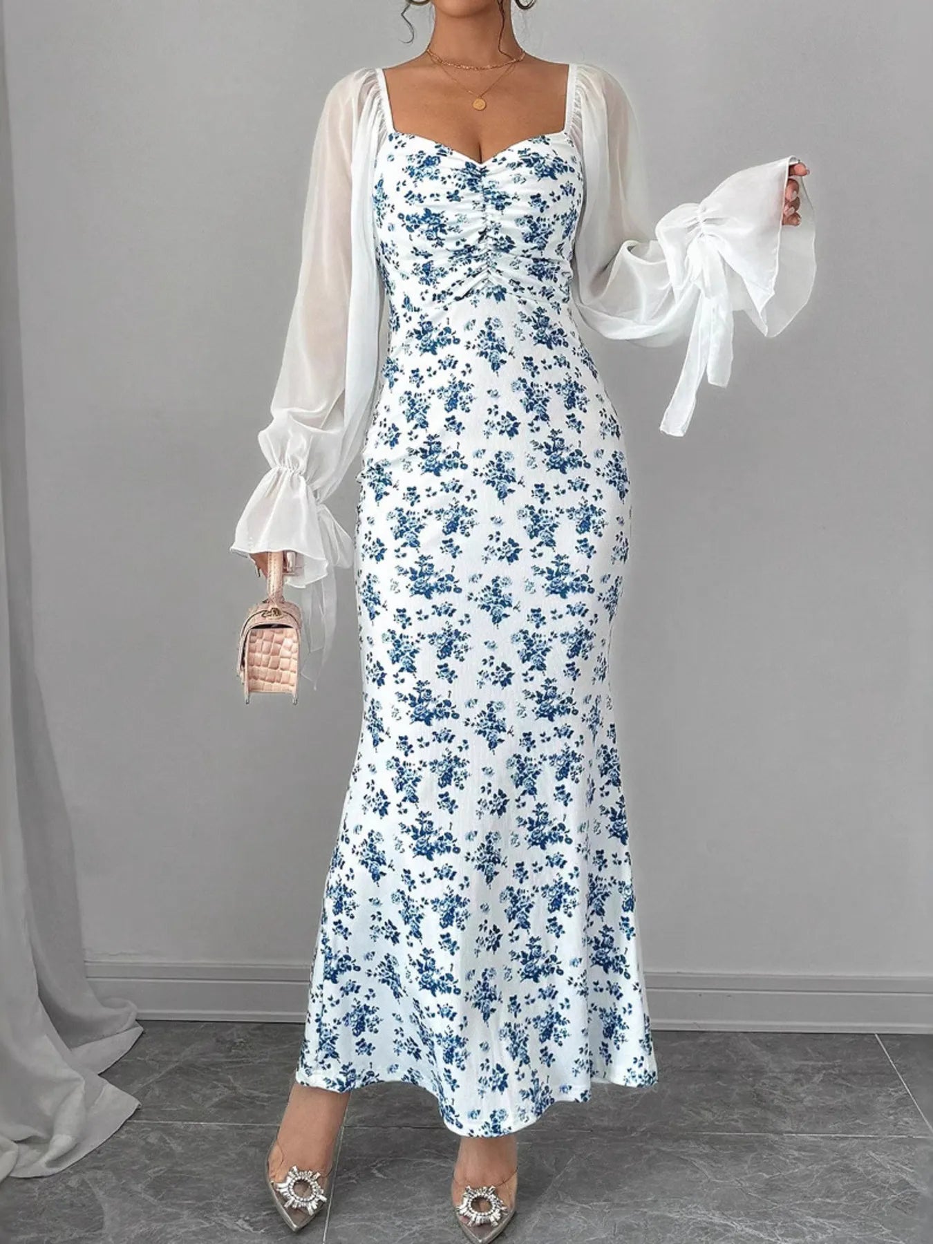 Floral Print Sweetheart Neckline Maxi Dress