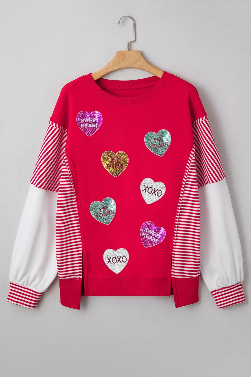 Valentines Day Sequin Heart Striped Color Block Patchwork Sweatshirt