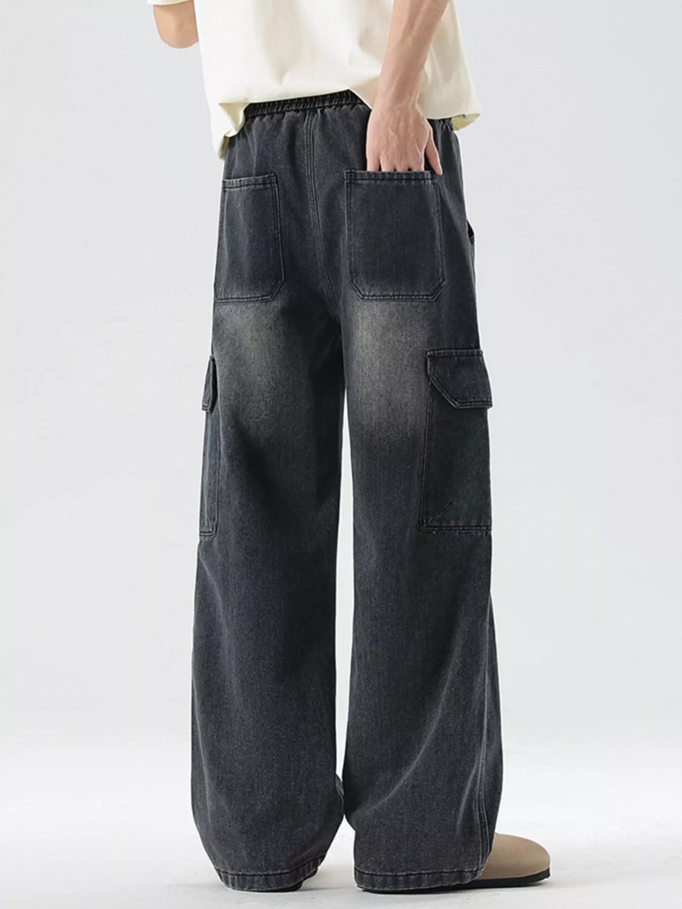 Men's Plus Size Wash Wide Leg Cargo Jeans