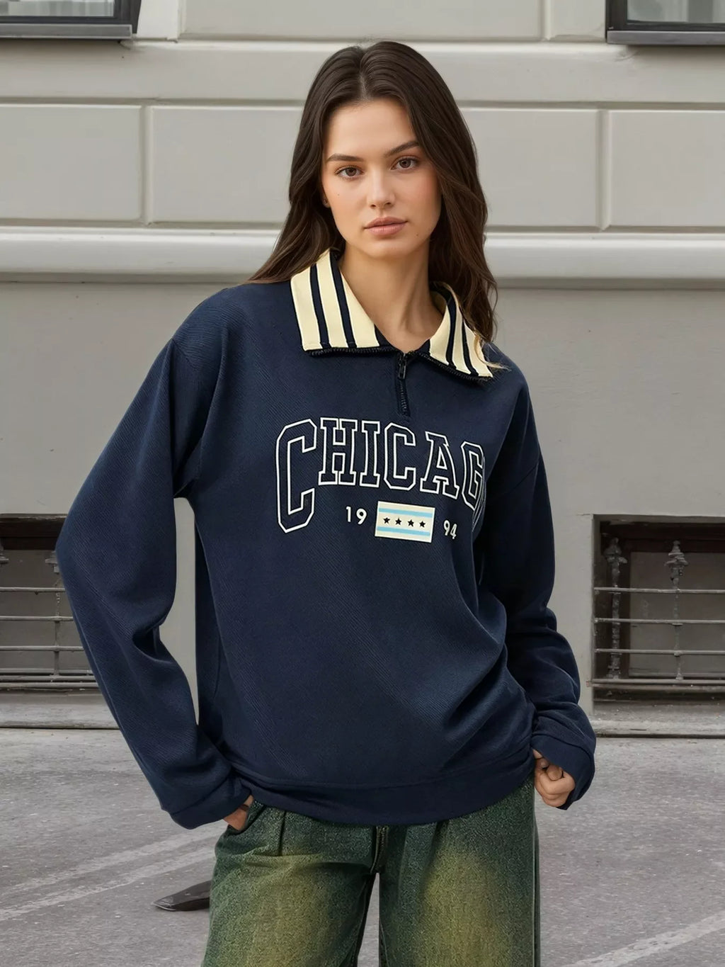 Striped Collar Letter Graphic Sweatshirt