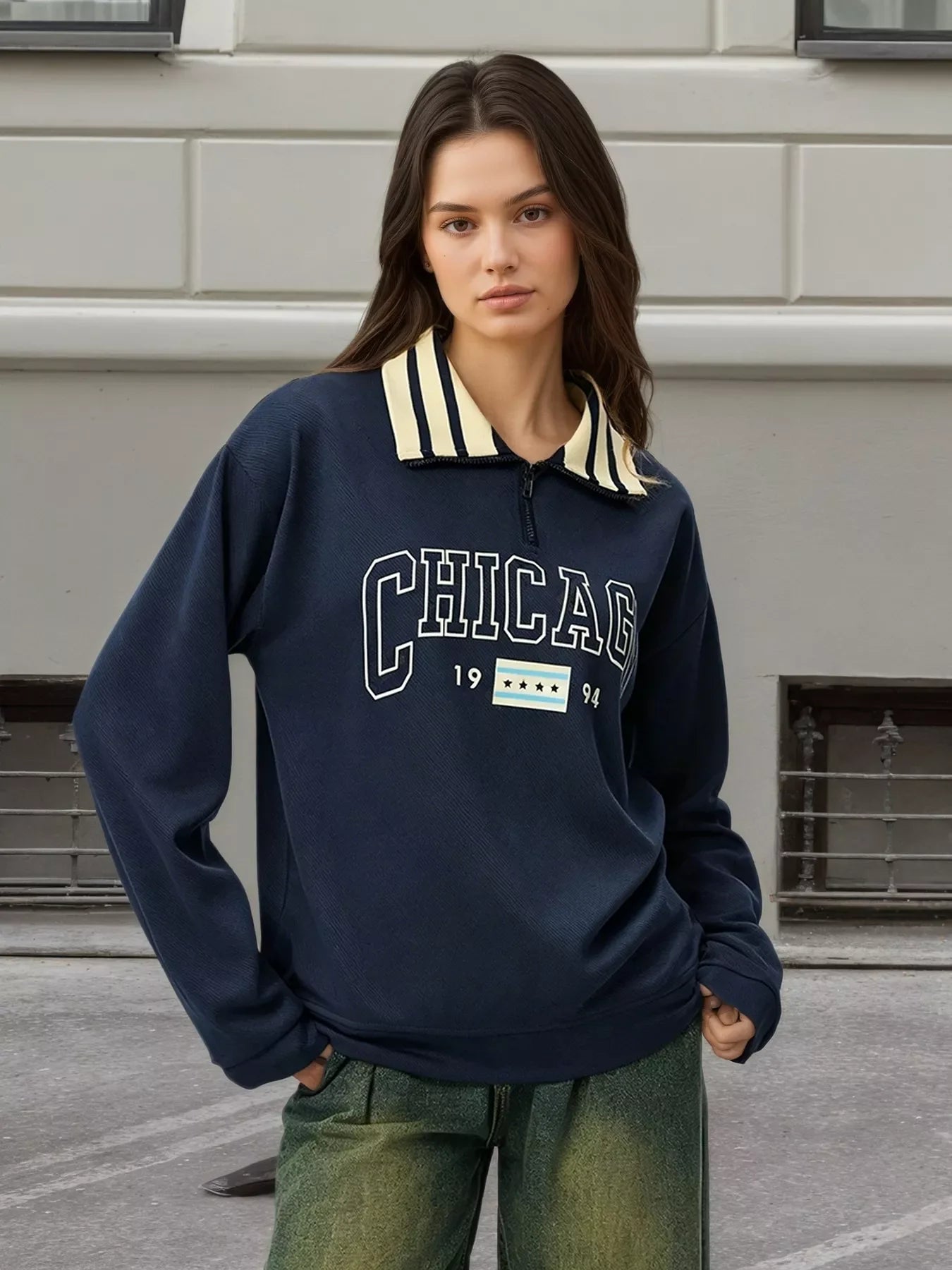 Striped Collar Letter Graphic Sweatshirt