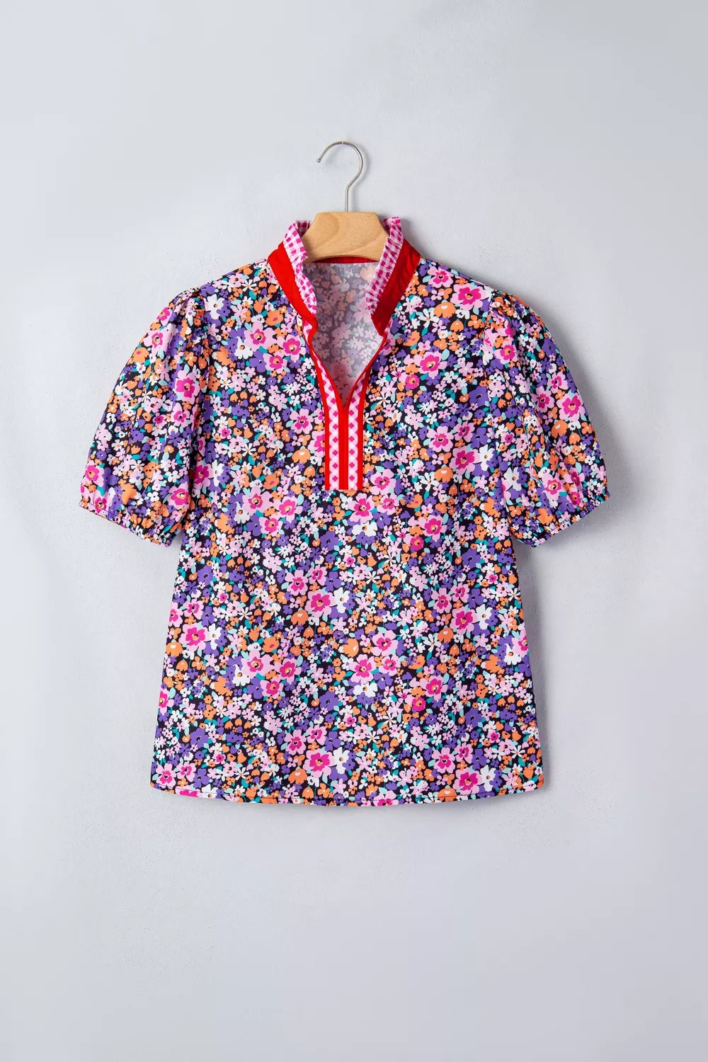Ditsy Floral Print Plaid Colorblock Trim V Neck Blouse