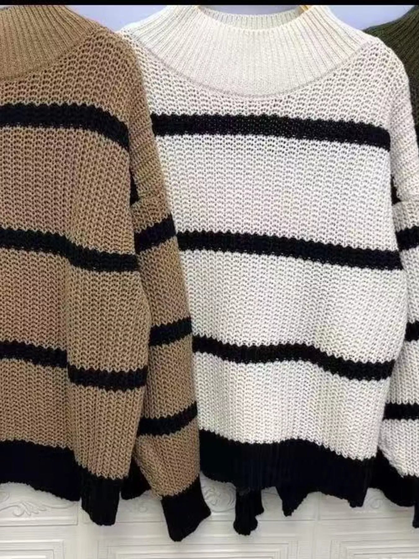 Full Size Striped Mock Neck Knit Sweater Plus Size