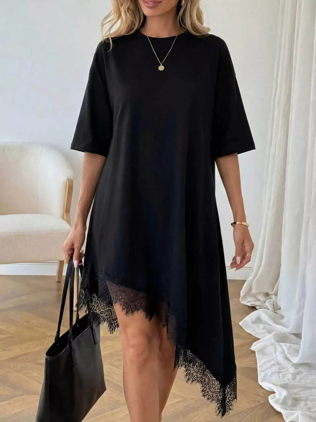 Lace Trim Asymmetrical Hem T-shirt Dress