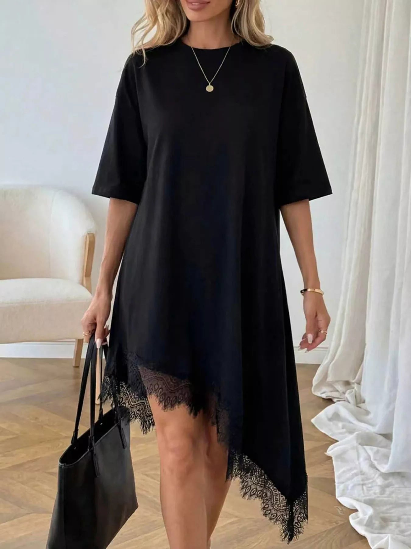 Lace Trim Asymmetrical Hem T-shirt Dress