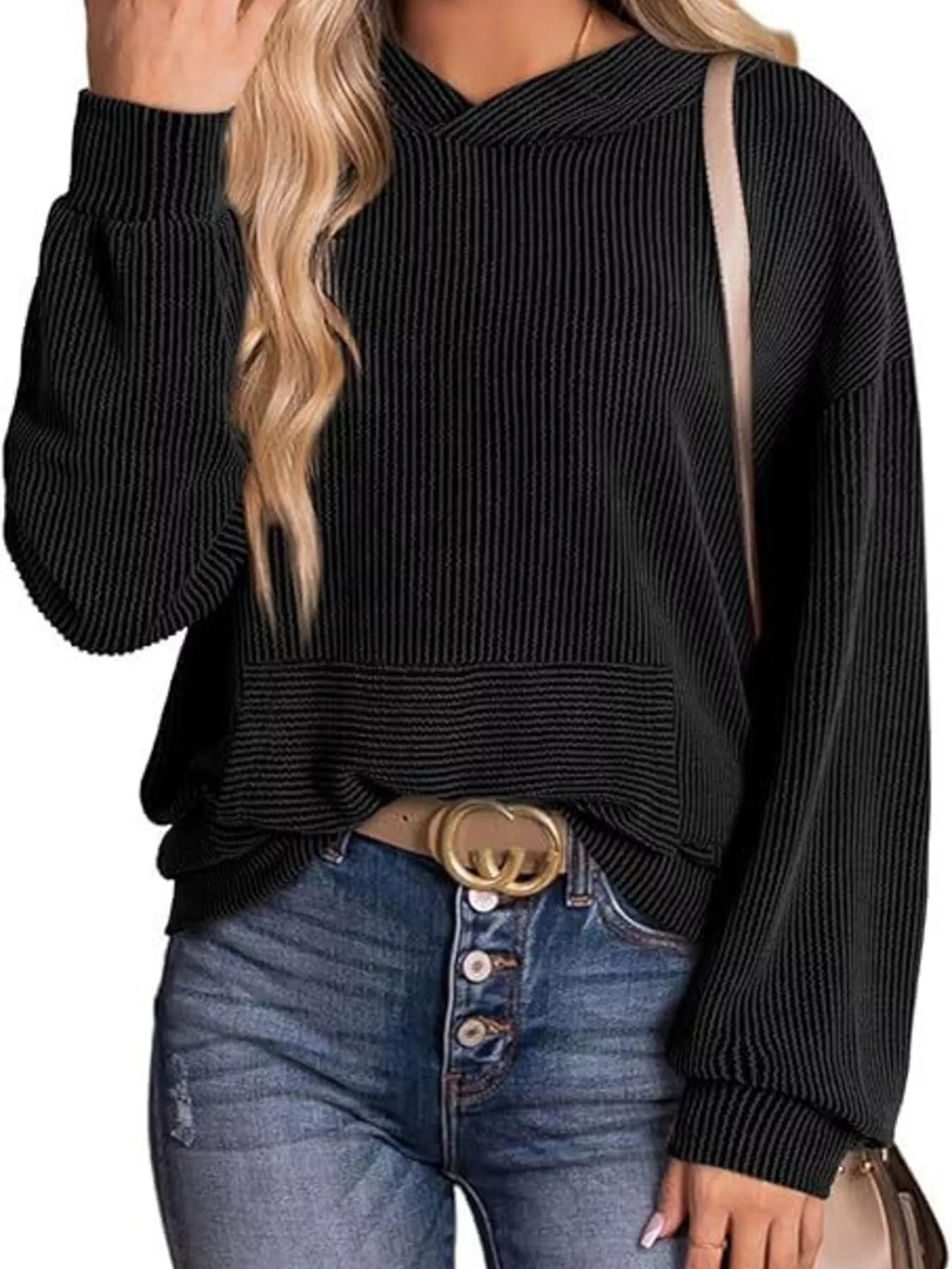 Ribbed Oversized Hoodie Sweatshirt with Pocket