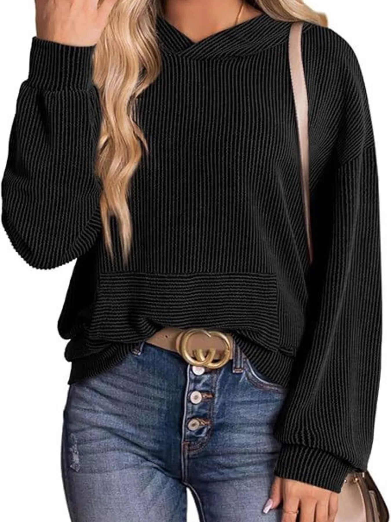 Ribbed Oversized Hoodie Sweatshirt with Pocket