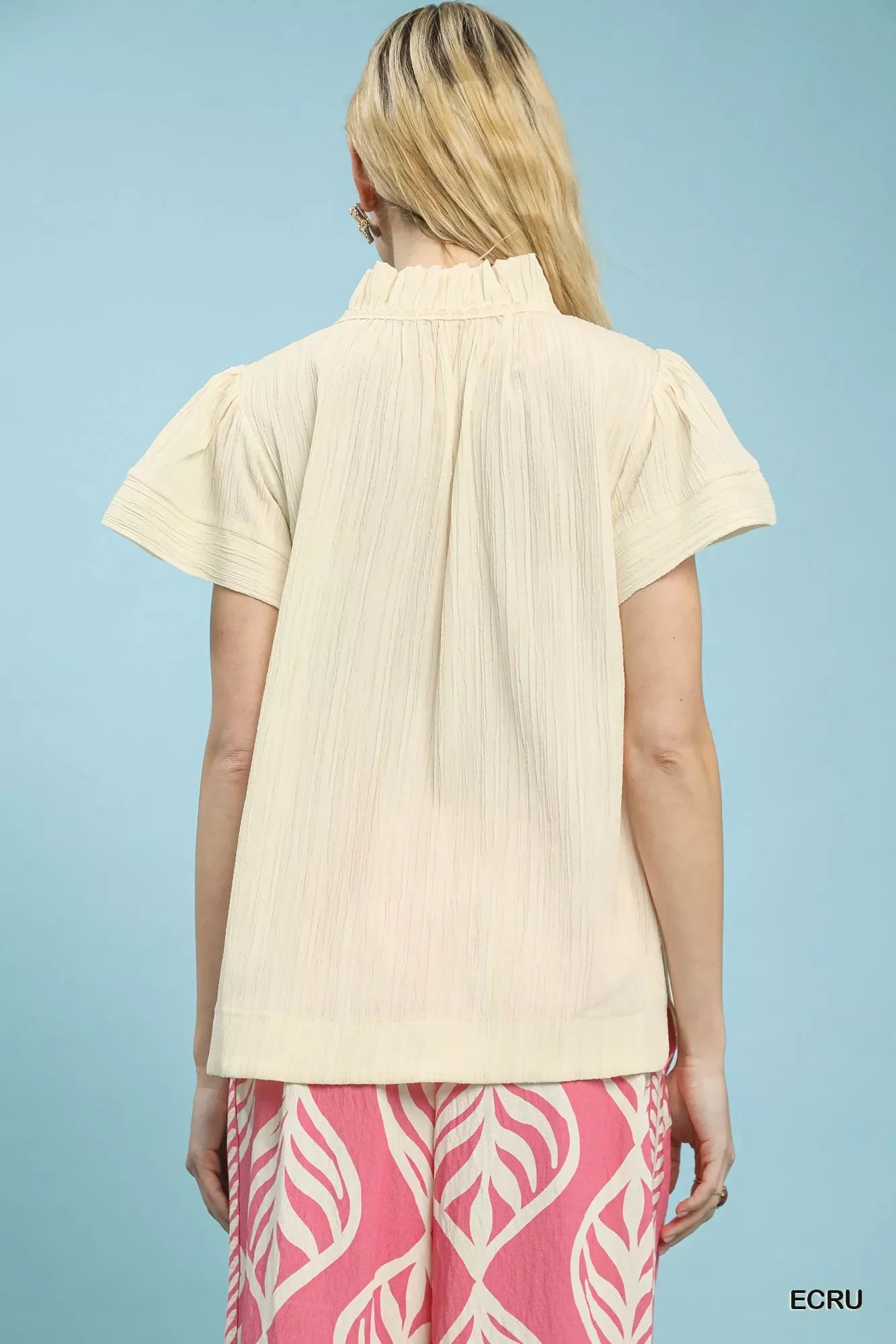 Umgee Texture Flutter Sleeve Notched Blouse