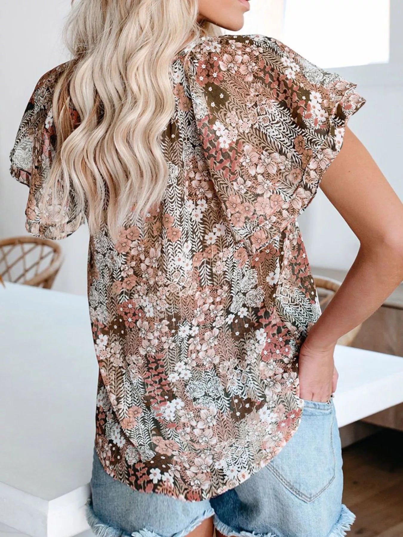 Full Size Floral Print V-Neck Shirt Plus Size