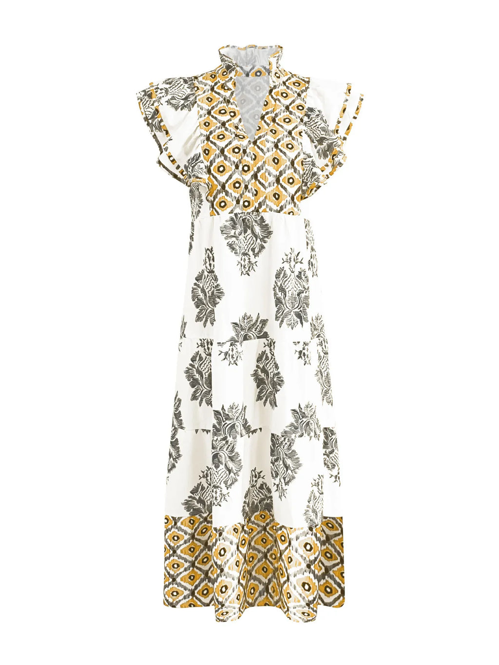 Printed Notched Ruffled Cap Sleeve Dress