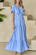 Ruffled V Neck Flutter Sleeve Maxi Dress