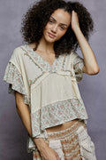 POL Floral V-Neck Short Sleeve Ruffled Double Gauze Blouse with Embroidery Detail