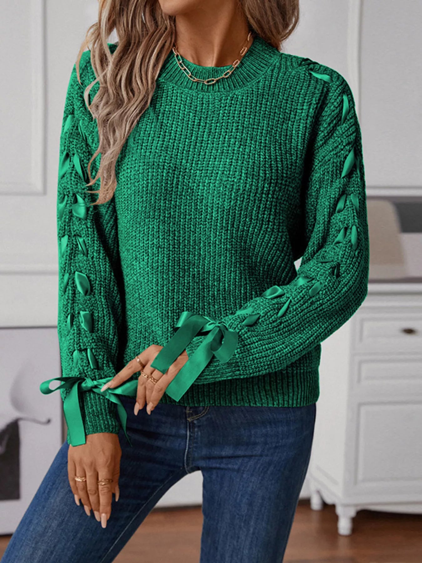 Ribbon-Tie Sleeve Round Neck Sweater