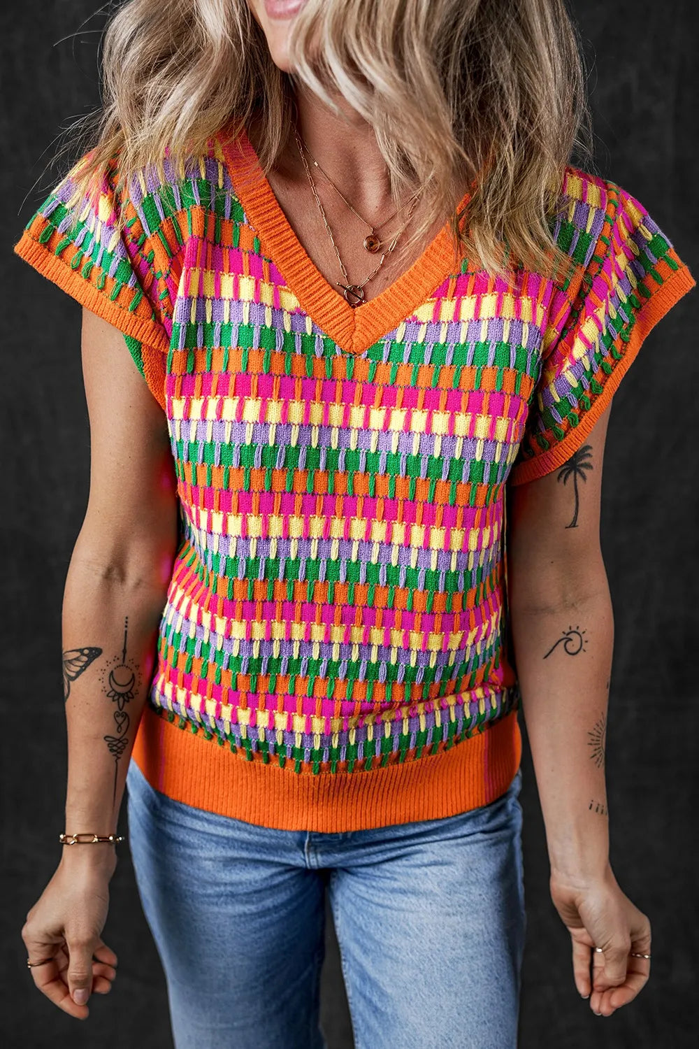 Contrast Striped V-Neck Knit Top