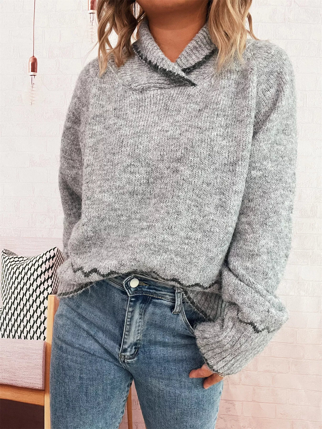 Ribbed Contrast Trim Long Sleeve Sweater