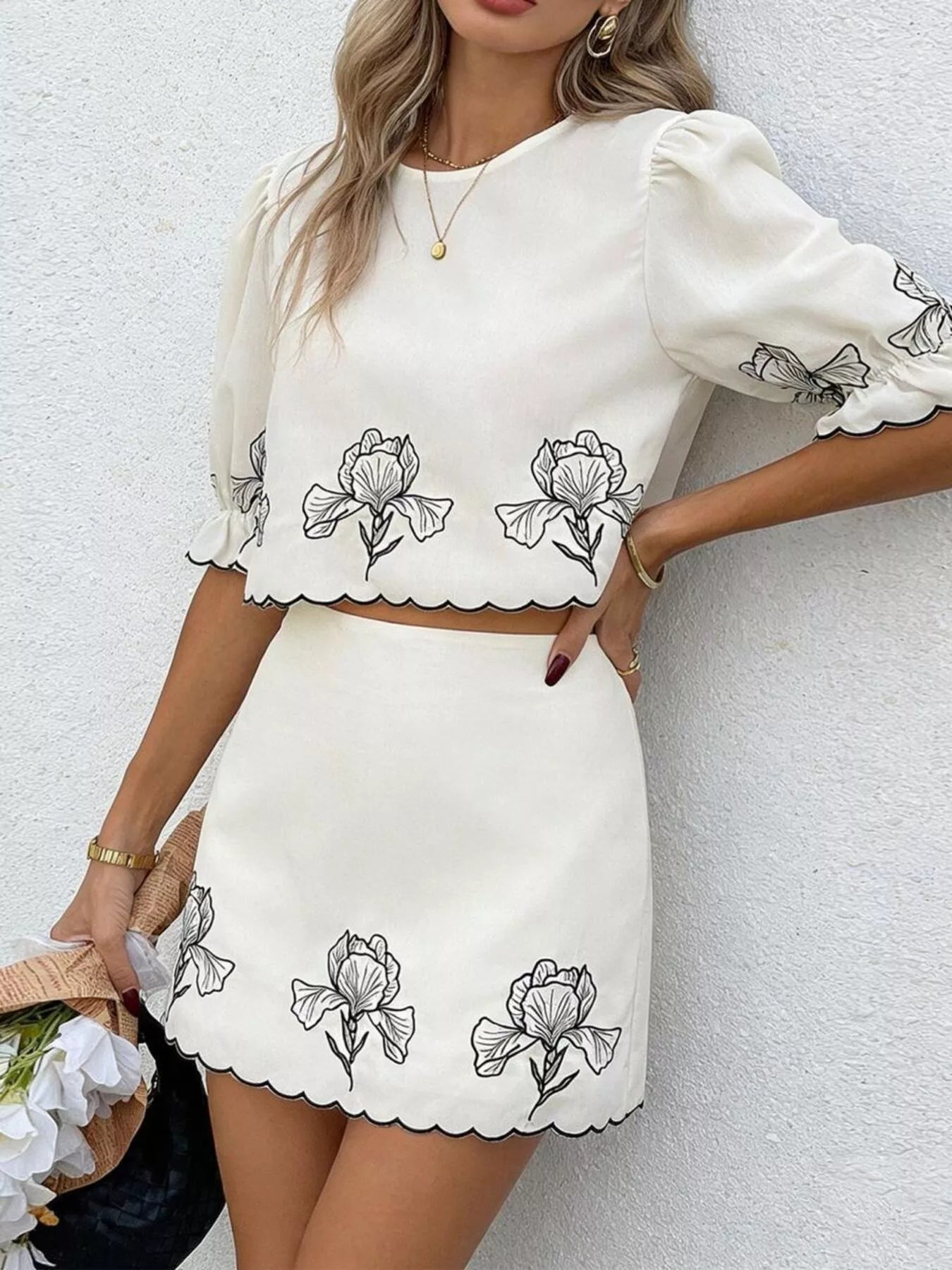 Floral Scallop Trim Top and Skirt Two-Piece Set