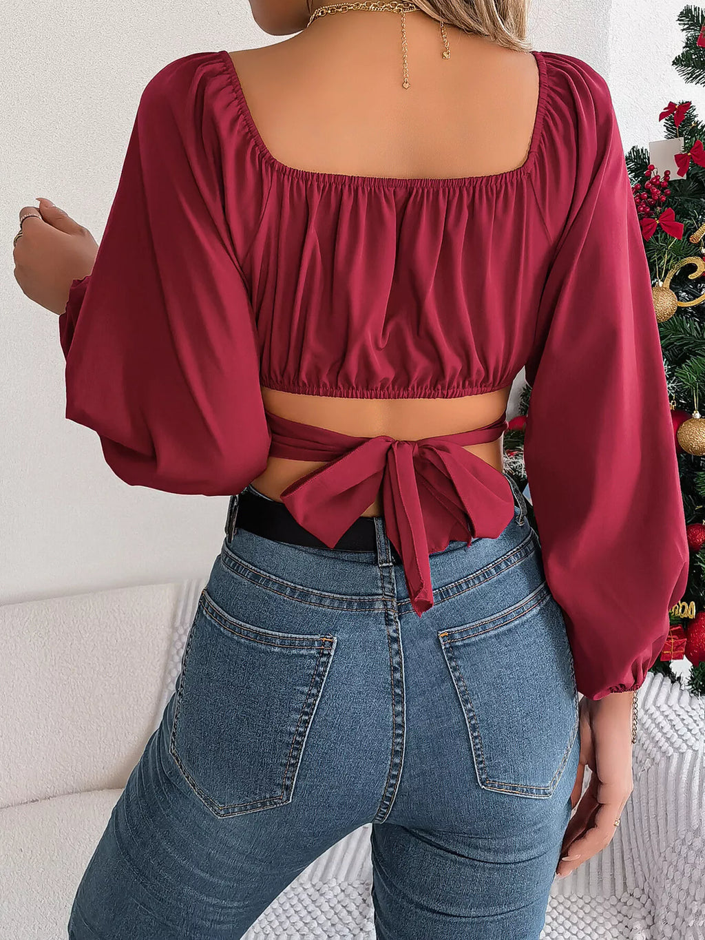 Elegant Ruched Long Sleeve Crop Blouse