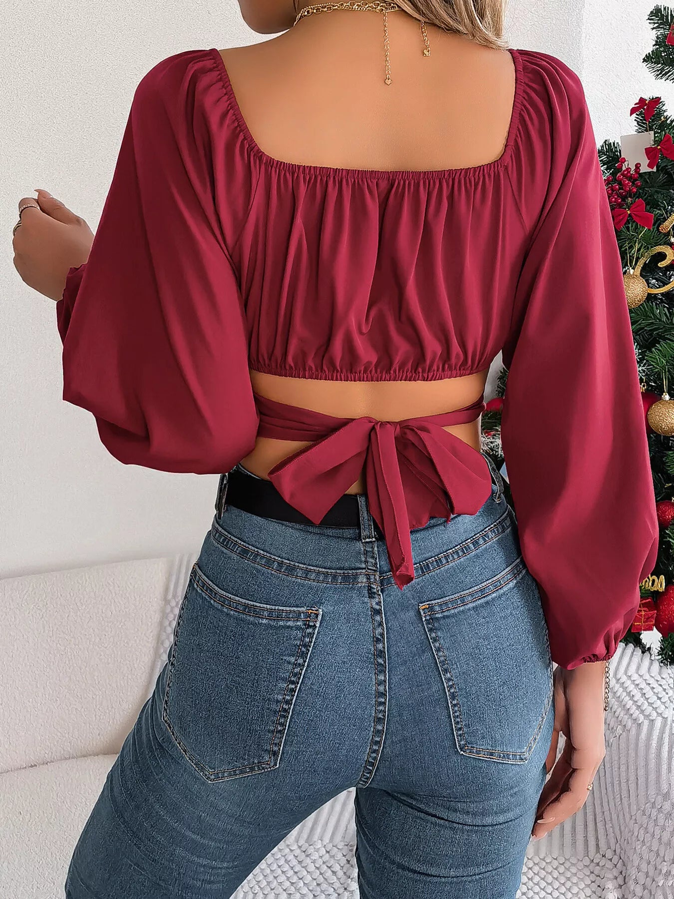Elegant Ruched Long Sleeve Crop Blouse