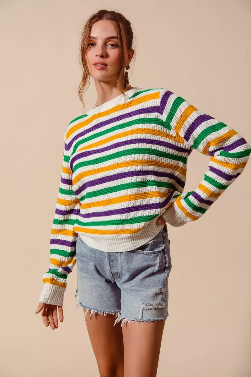 SO ME Mardi Gras Color Stripe Knit Sweater Top