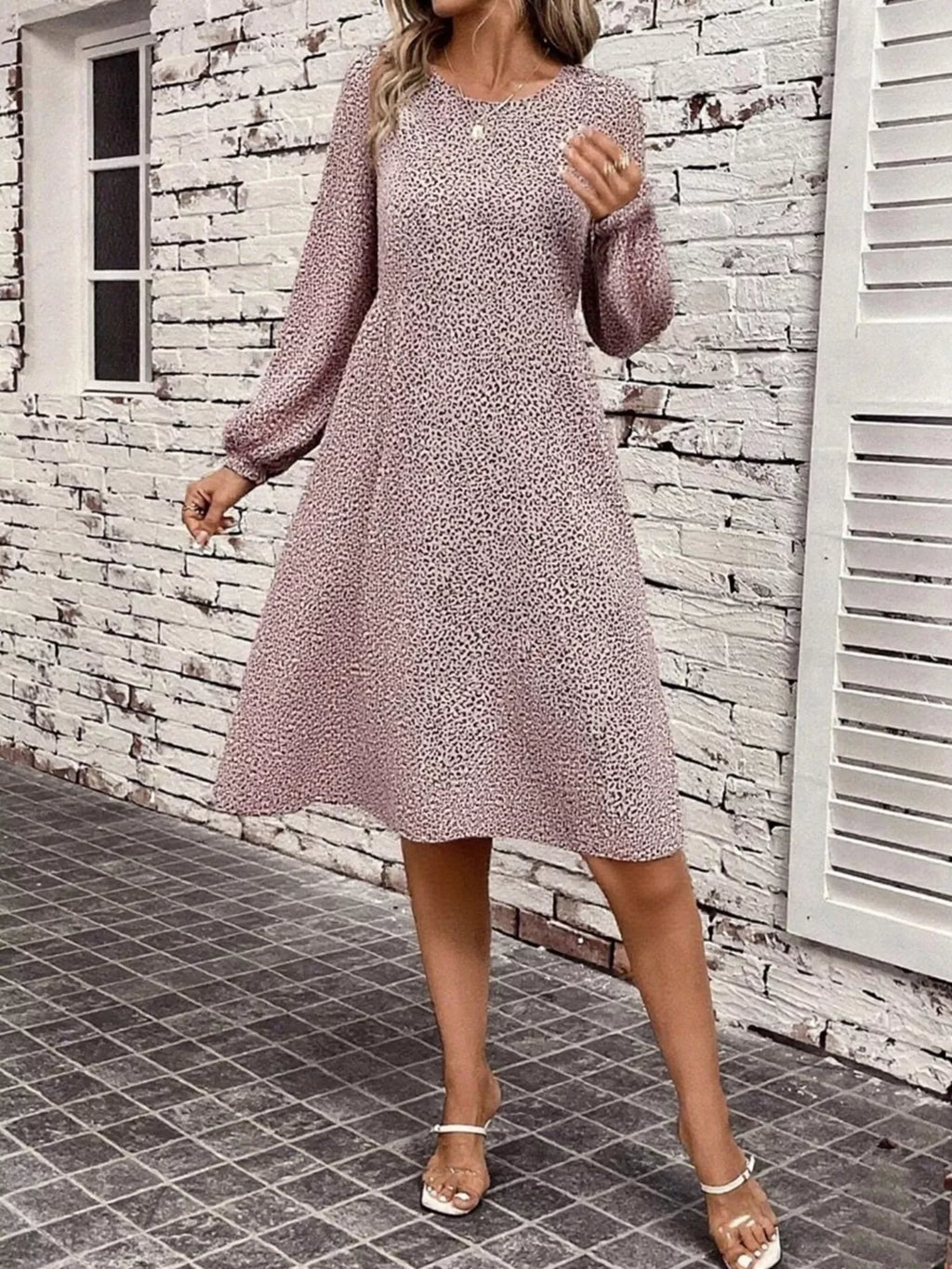 Leopard Balloon Sleeve Midi Dress