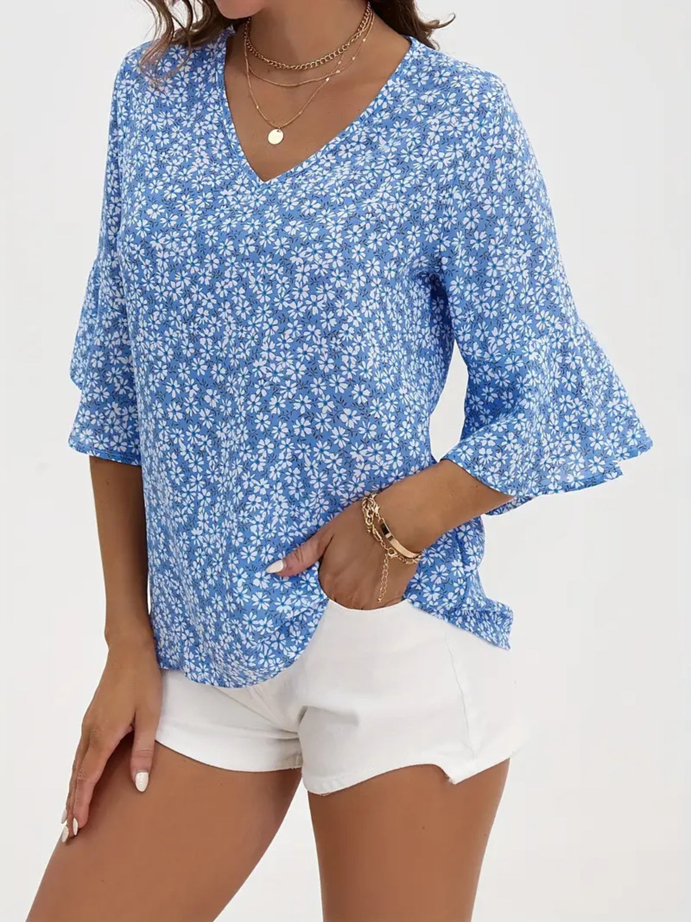 Floral Print V-Neck Bell Sleeve Blouse