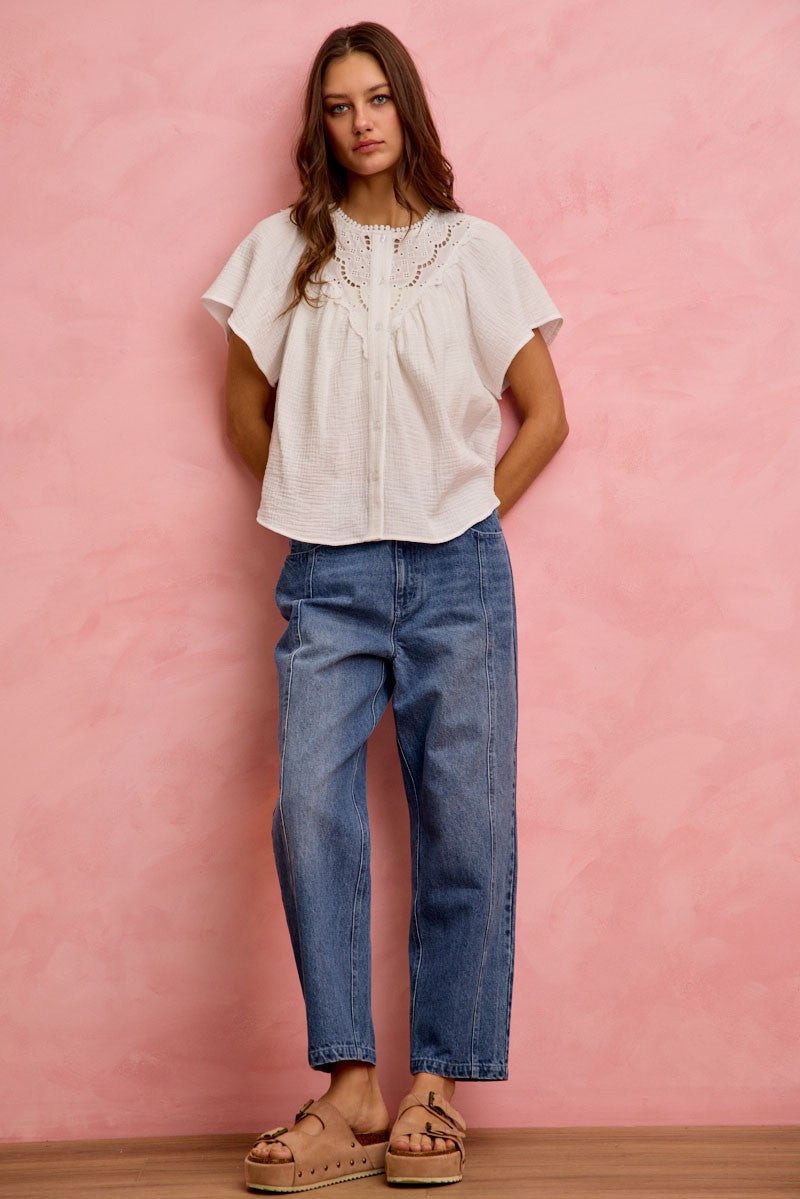 SO ME Cotton Gauze Lace Trim Flutter Sleeves Blouse Top