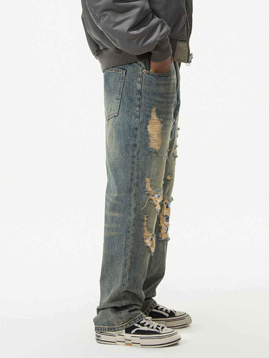 Men's Distressed Plaid Patch Wide Leg Jeans