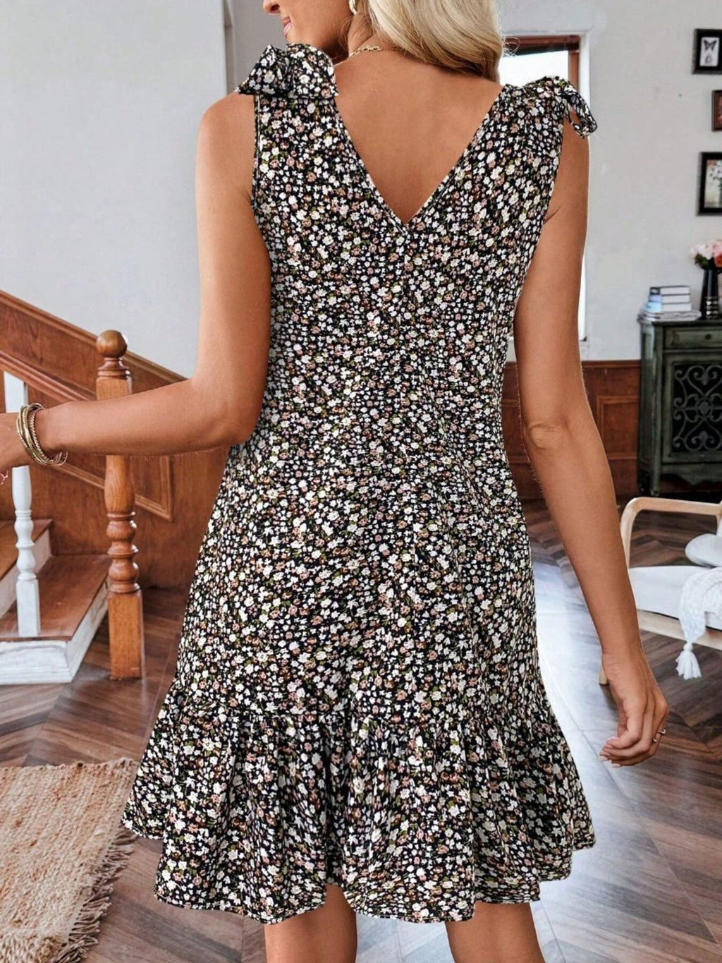 Floral Print Tie Strap Ruffle Hem Mini Dress