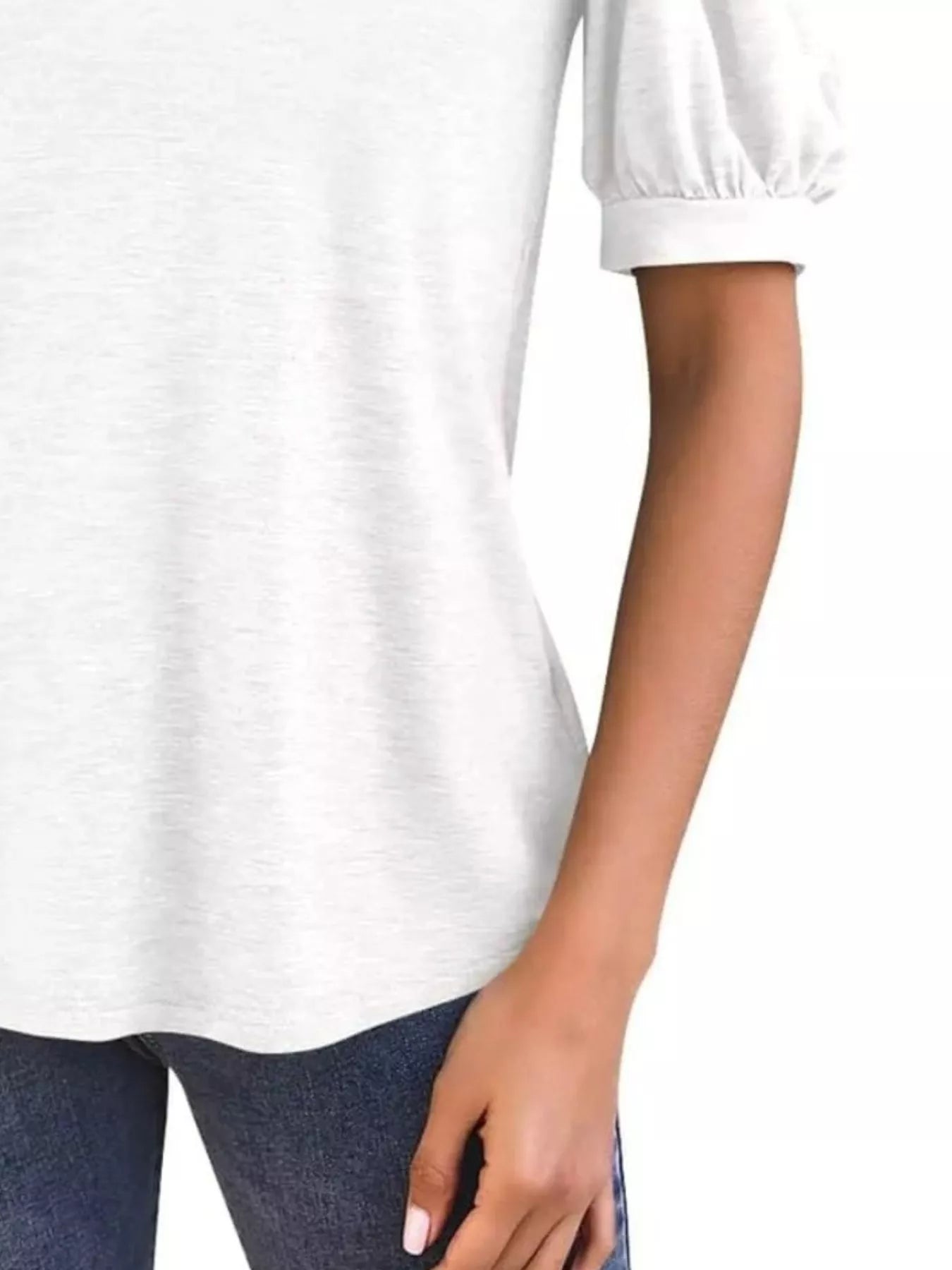 Puff Sleeve Notched Casual T-Shirt