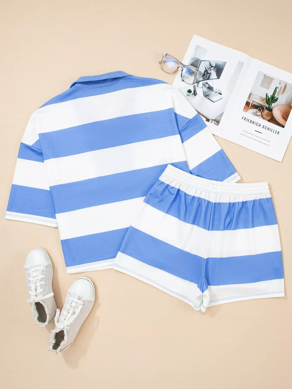 Stripe Seam Detail Half Zip Oversize Tee Casual Shorts 2pcs Set