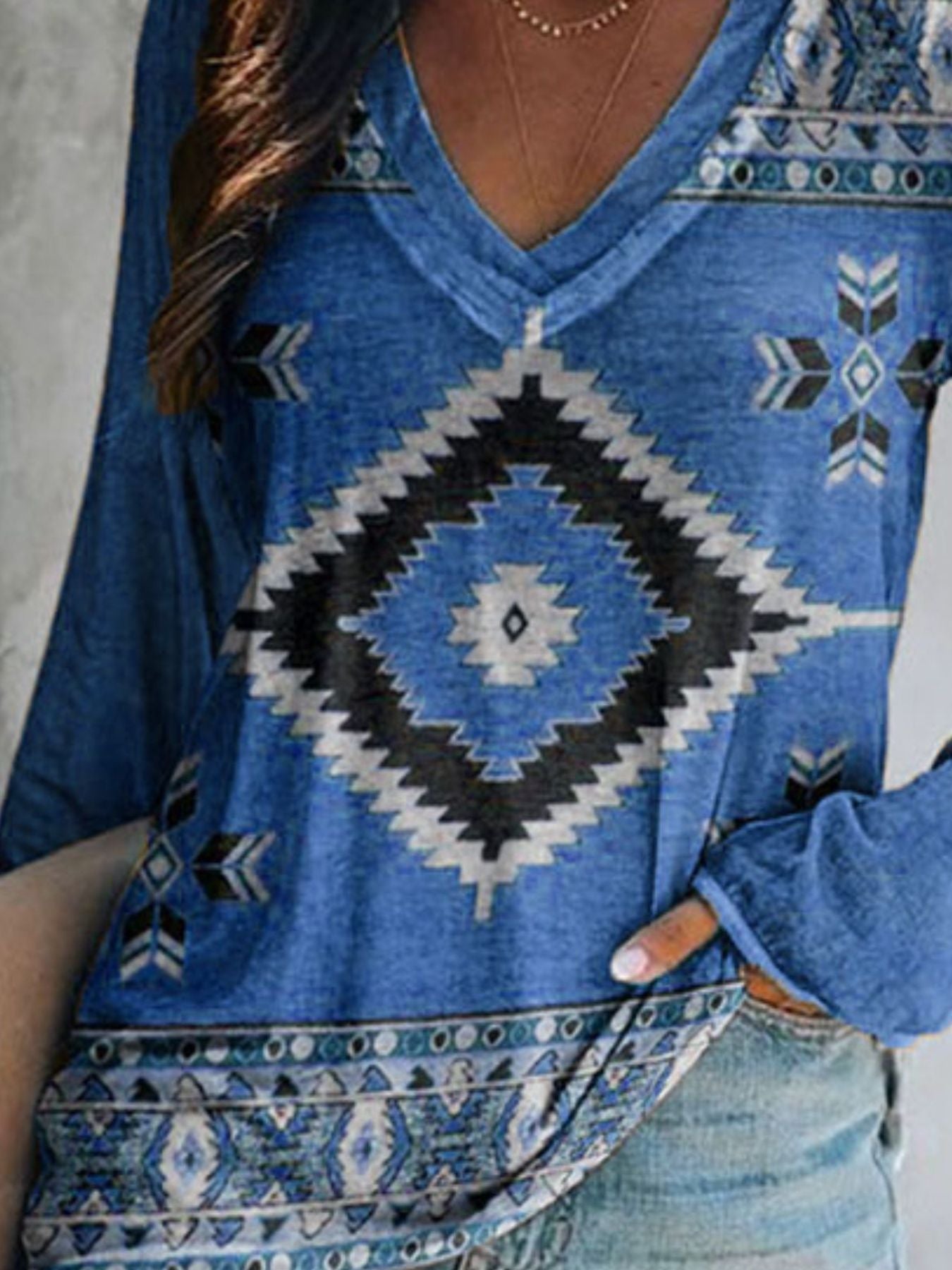 Full Size Geometric V-Neck Long Sleeve T-Shirt Plus Size