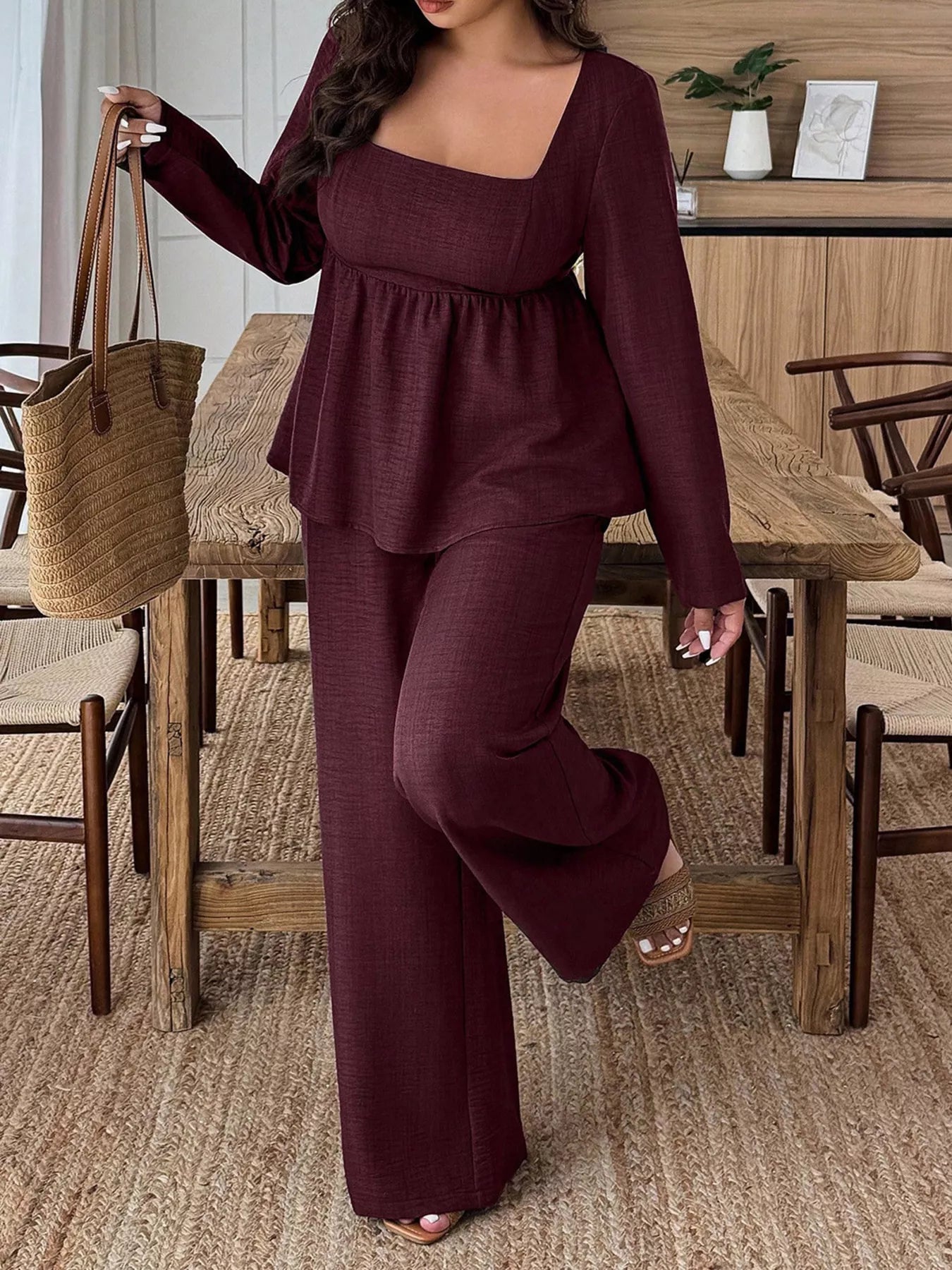 Plus Size Square Neck Long Sleeve Top and Pants Two-Piece Set