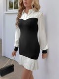 Two Tone Pleated Long Sleeve Shirt Dress