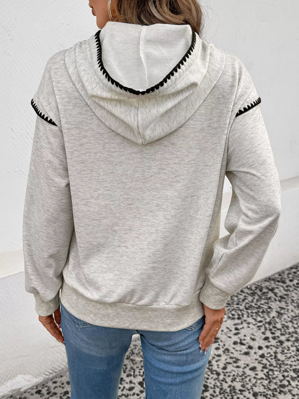 Contrast Trim Drawstring Hoodie with Kangaroo Pocket