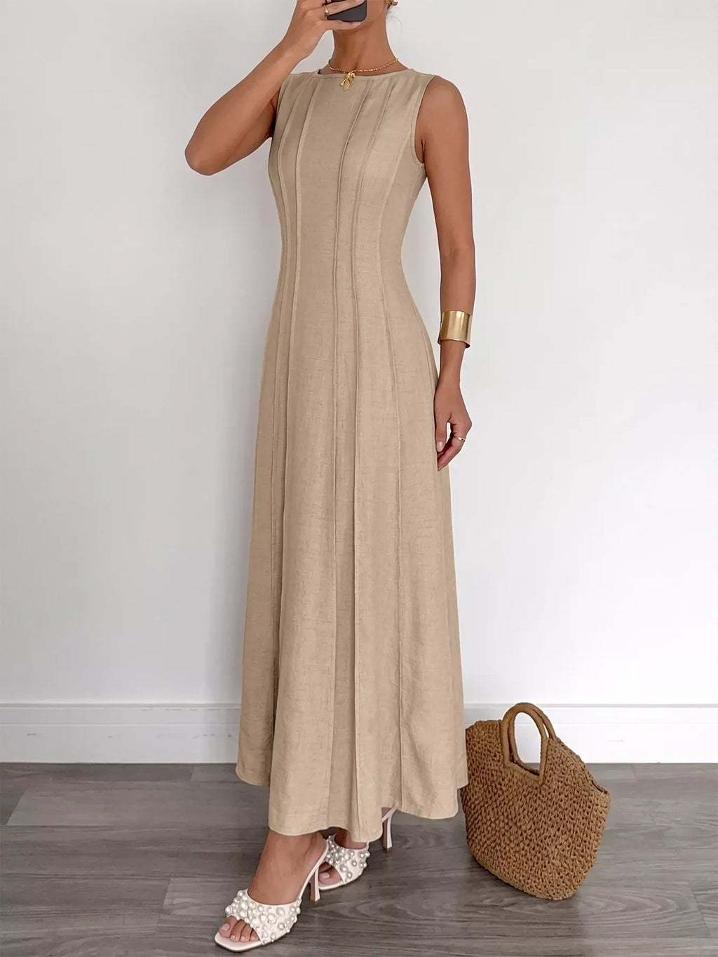 Round Neck Sleeveless Texture Maxi Dress