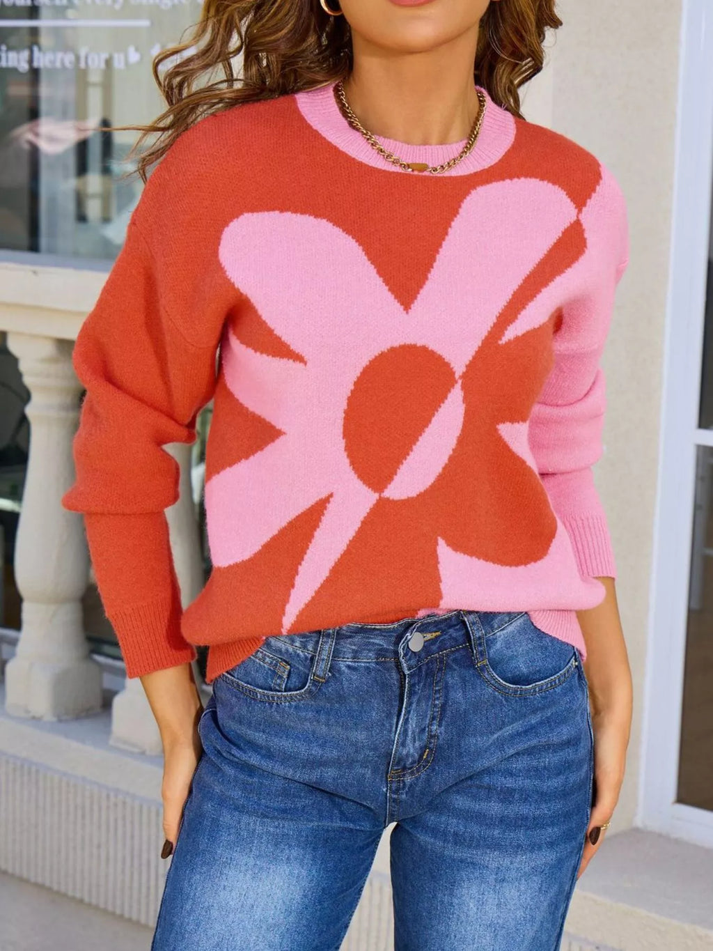 Floral Pattern Color Block Sweater