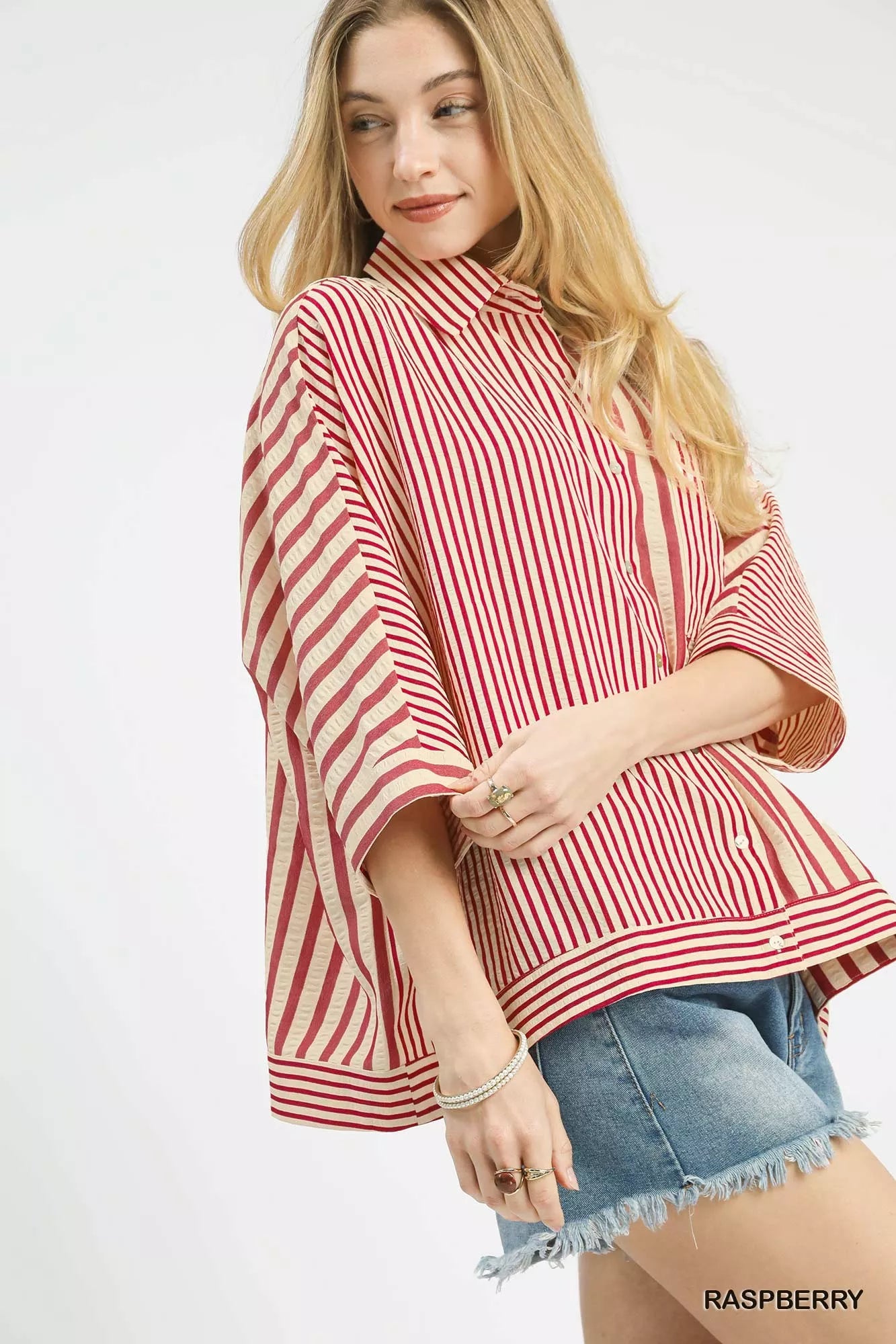Umgee Mixed Stripe Oversized Button Down Top