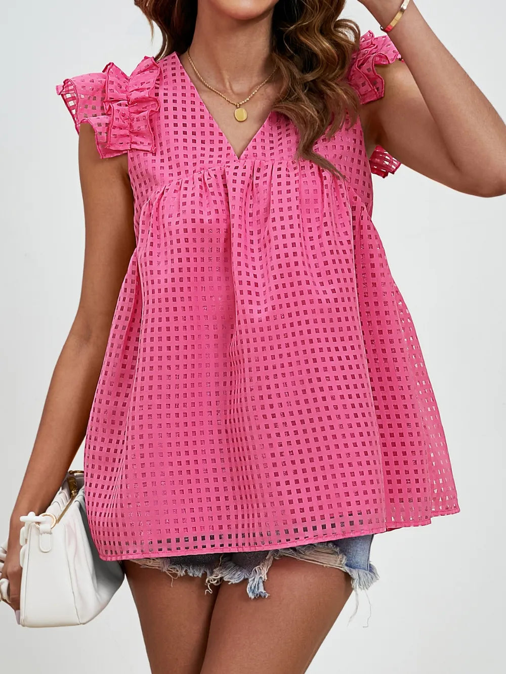 Ruched V-Neck Cap Sleeve Blouse