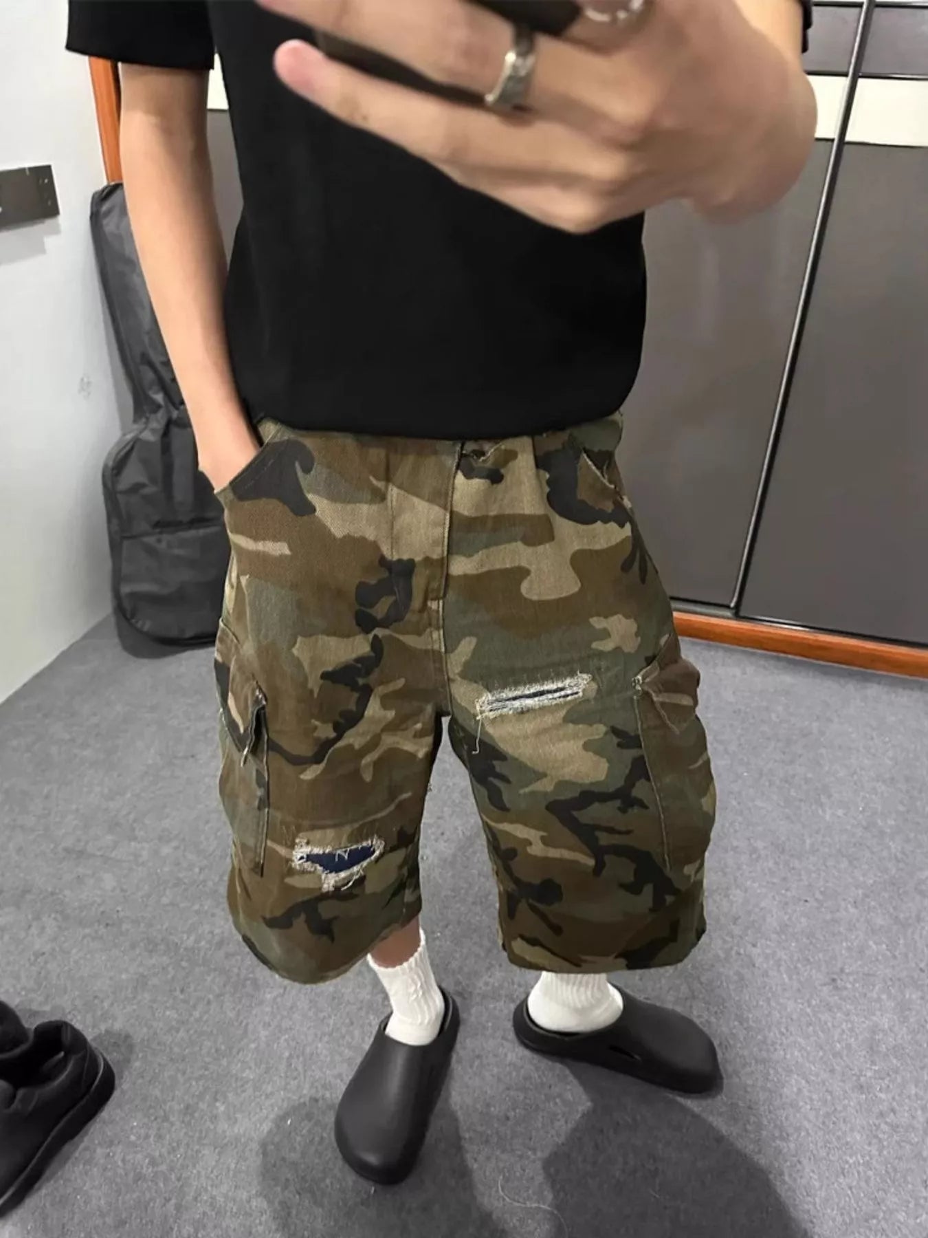 Men's Full Size Camouflage Cargo Denim Shorts with Distressed Details Plus Size
