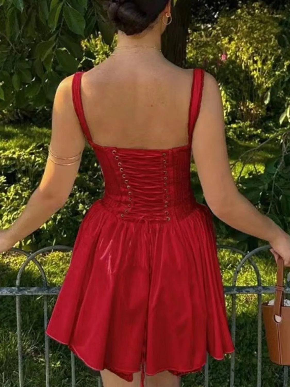 Lace Detail Lace Up Back Mini Dress