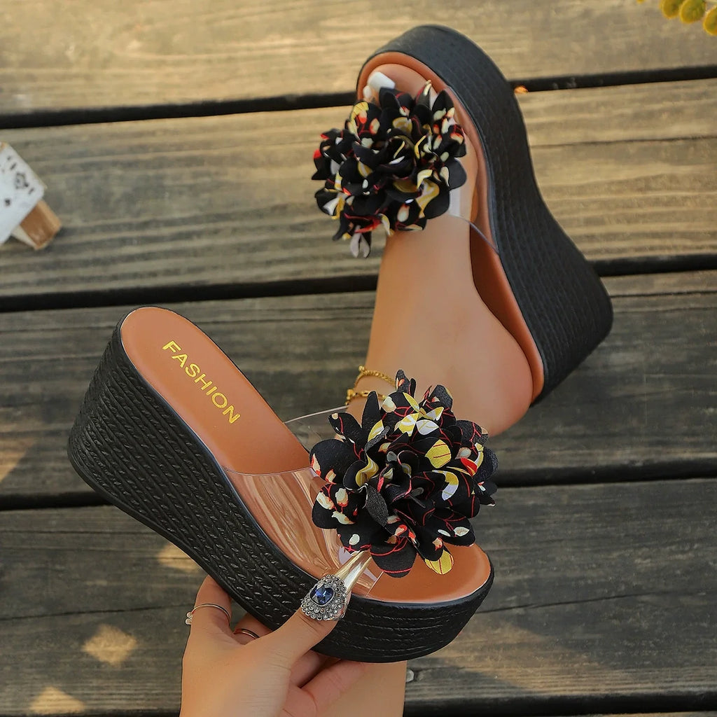 Floral Decor Platform Wedge Sandals